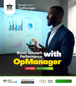A confident business professional in a navy suit reviews network performance dashboards on a large screen, alongside the text "Boost Network Performance with OpManager." Logos for Tranter IT, ManageEngine, and Zoho are displayed with a link to www.tranter-it.com.