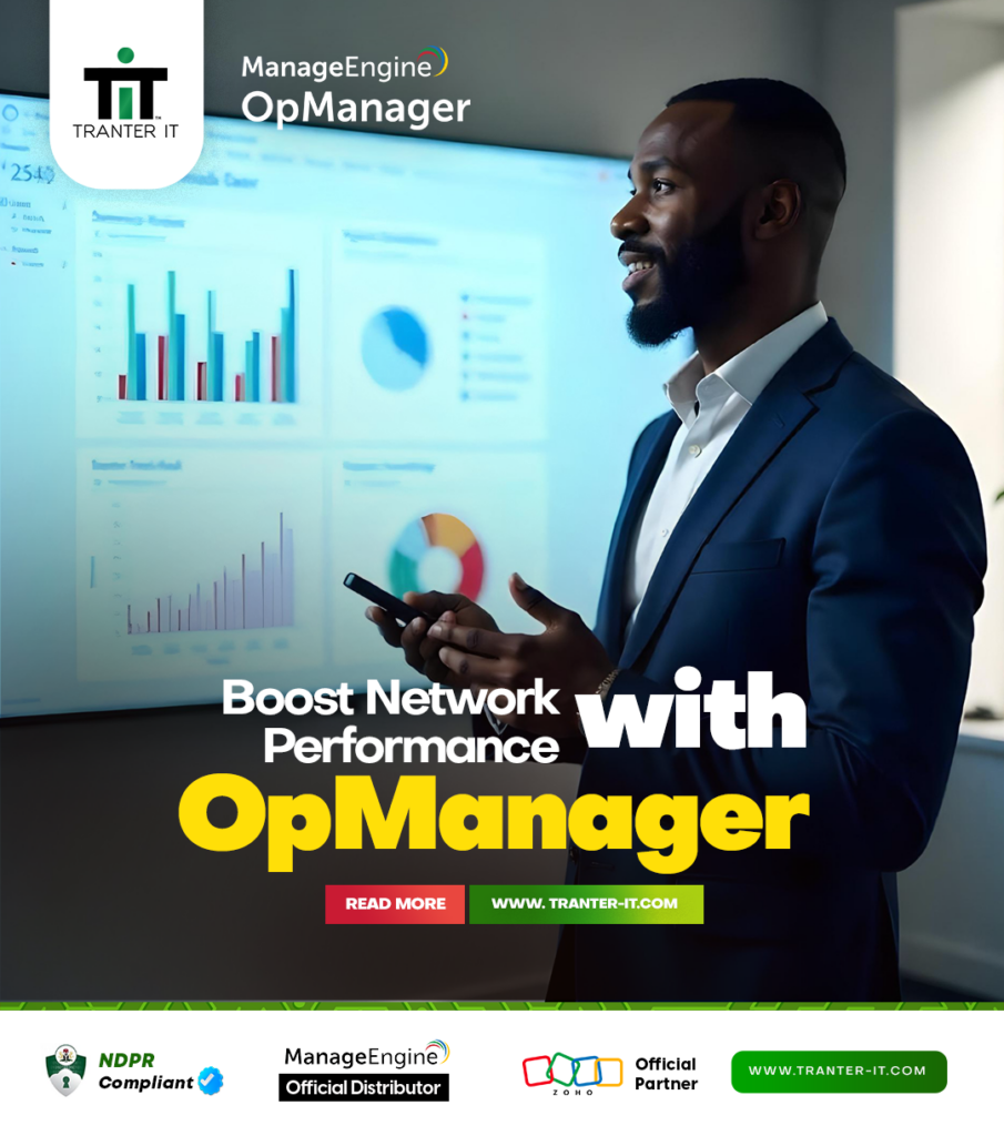 A confident business professional in a navy suit reviews network performance dashboards on a large screen, alongside the text "Boost Network Performance with OpManager." Logos for Tranter IT, ManageEngine, and Zoho are displayed with a link to www.tranter-it.com.