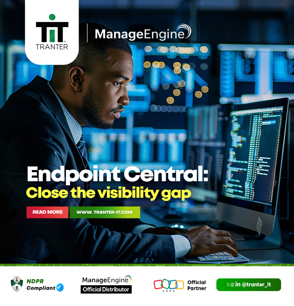 IT professional monitoring multiple screens in a data centre. Endpoint Central by ManageEngine — Close the visibility gap. Tranter IT, ManageEngine Official Distributor.