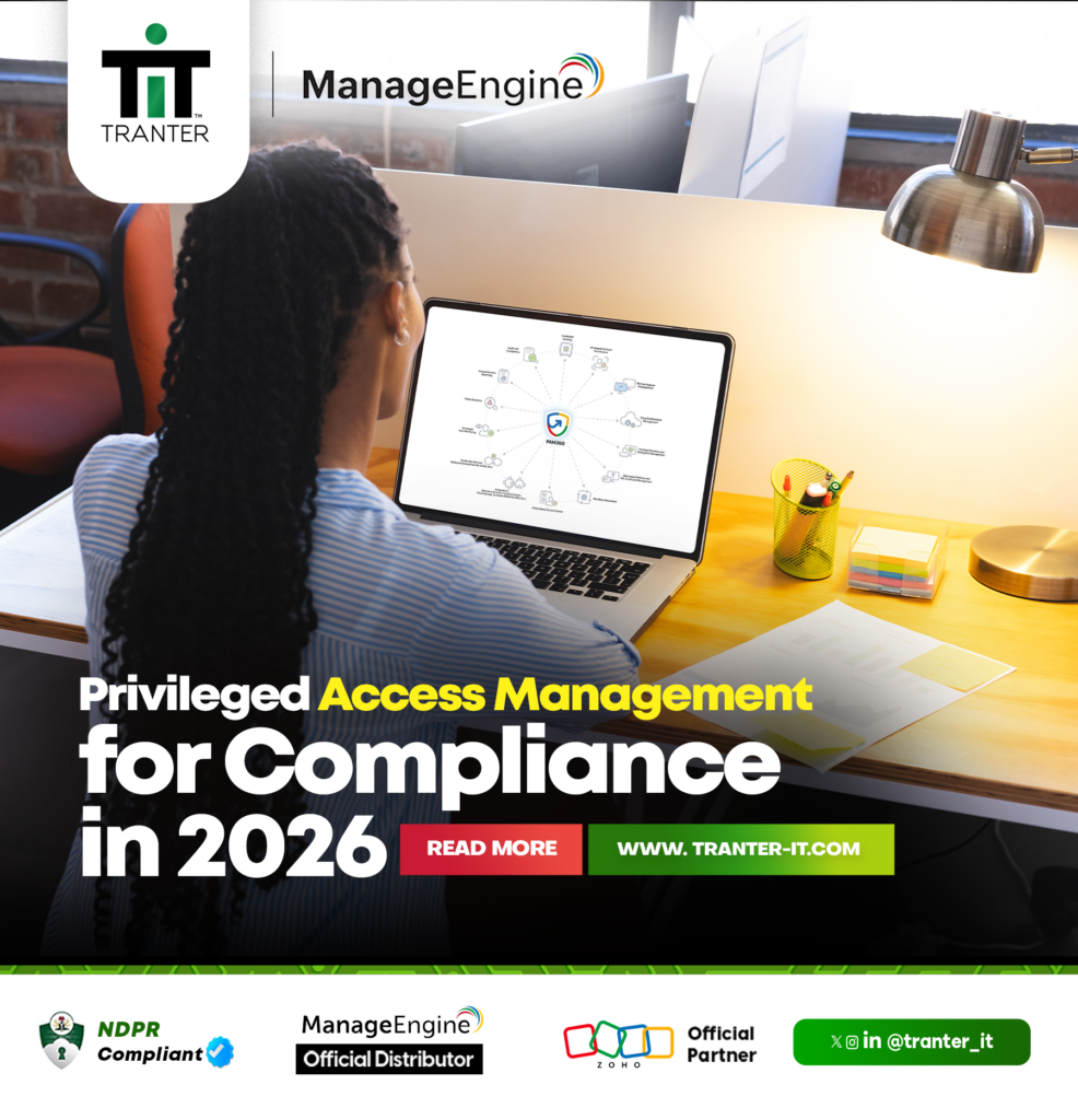 A woman working at a laptop displaying the PAM360 privileged access management dashboard, with the text "Privileged Access Management for Compliance in 2026" overlaid. Tranter IT and ManageEngine logos featured, with NDPR Compliant and ManageEngine Official Distributor badges shown at the bottom.