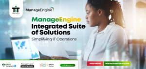 A professional digital banner featuring a Black woman focused on a laptop screen displaying a world map data dashboard. Prominent text reads "ManageEngine Integrated Suite of Solutions: Simplifying IT Operations." The top left displays the Tranter IT and ManageEngine logos. The bottom banner includes logos for NDPR Compliance, ManageEngine Official Distributor, Zoho Official Partner, social handle @tranter_it, and a "Read More" button linking to www.tranter-it.com.