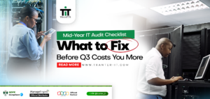Promotional banner for Tranter IT featuring a mid-year IT audit checklist titled "What to Fix Before Q3 Costs You More." The graphic shows a woman using a tablet and a man working on a server rack in a data center. It includes the Tranter IT logo, the URL www.tranter-it.com with a red "READ MORE" button, and partner badges at the bottom for NDPR Compliance, ManageEngine Official Distributor, and Zoho Official Partner.