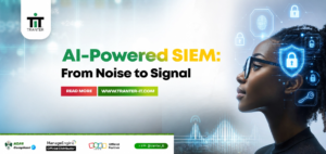 A landscape marketing banner for Tranter IT. In the top left, the "Tranter IT" logo is displayed on a white tab. The center text reads "AI-Powered SIEM: From Noise to Signal" in green, yellow, and black fonts. Below the text are two call-to-action buttons: a red "READ MORE" button and a green button with the website "WWW.TRANTER-IT.COM." On the right, a close-up side profile of a Black woman with glasses looks forward, overlaid with glowing holographic blue icons representing cybersecurity, including locks, a key, and a fingerprint scanner. The bottom footer features a white background displaying the "NDPR Compliant" badge, "ManageEngine Official Distributor" logo, "Zoho Official Partner" logo, and the social media handle "@tranter_it" on a green pill button.